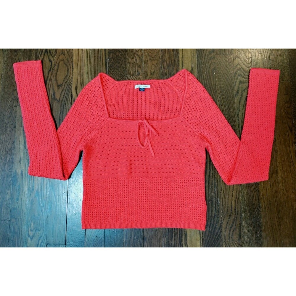 American Eagle Waffle Knit Cropped Top Women's Size Large Deep Coral Long Sleeve